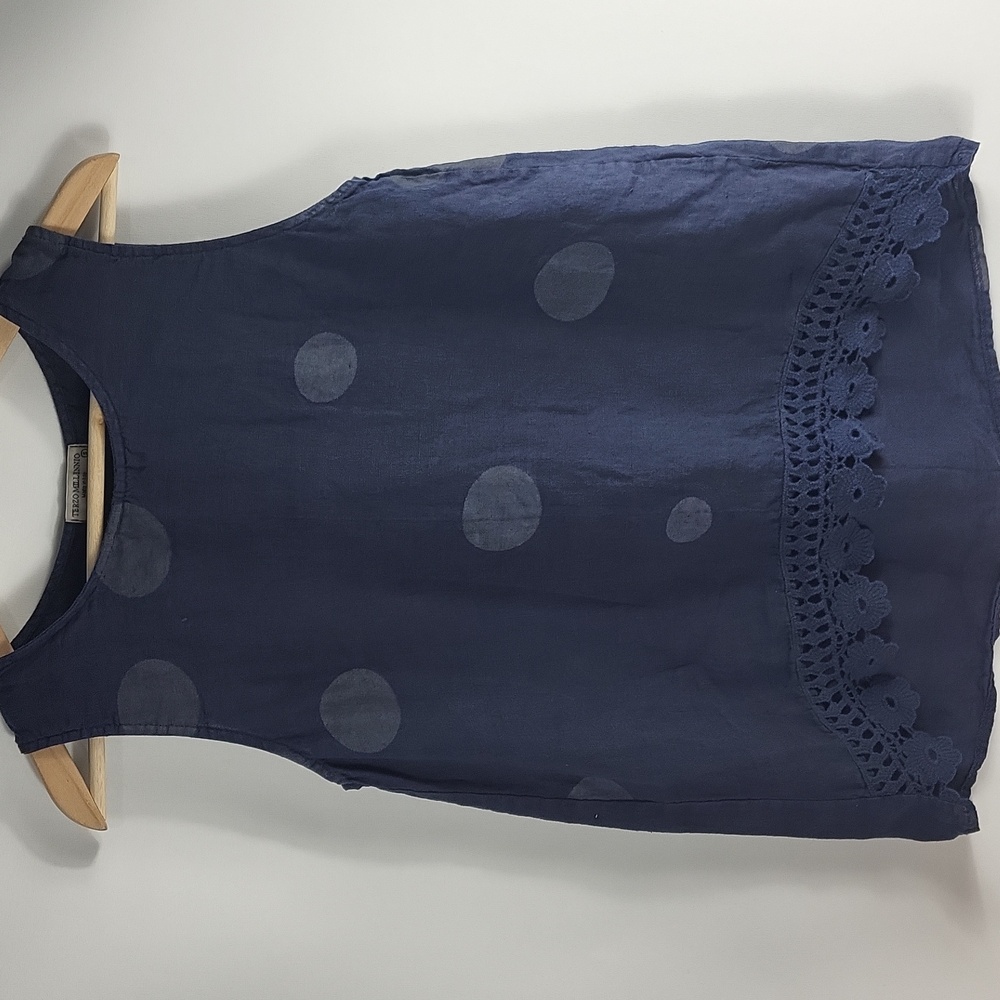 Pleated Polka Dot Sleeveless Linen Top - Navy